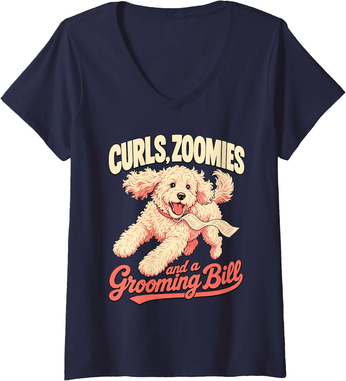 Women's Goldendoodle Dog Curls Zoomies and Grooming Bill V-Neck T-Shirt - Navy Blue