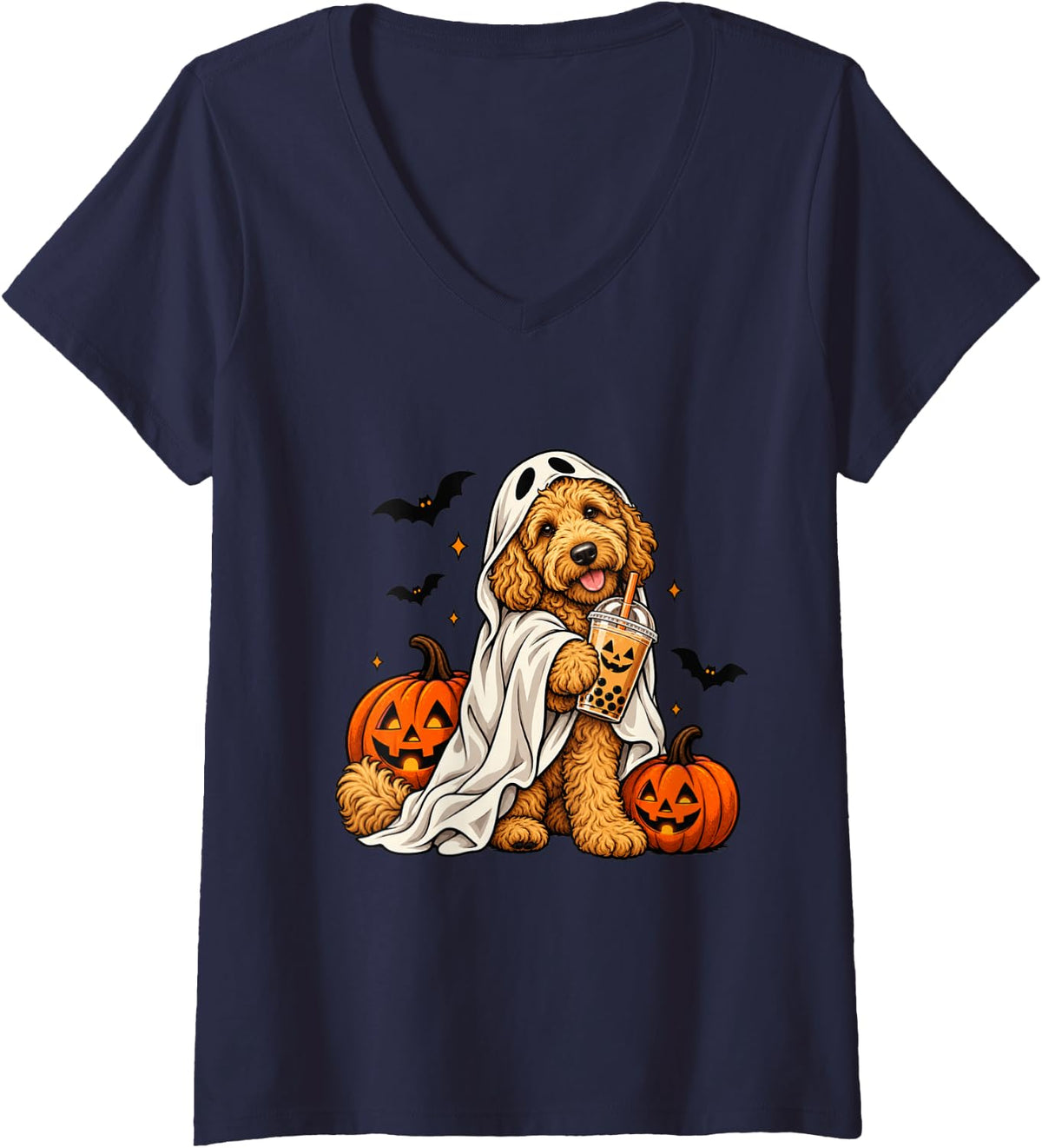 Women's Goldendoodle Ghost and Boba Cute Halloween Dog Humor V-Neck T-Shirt - Navy Blue