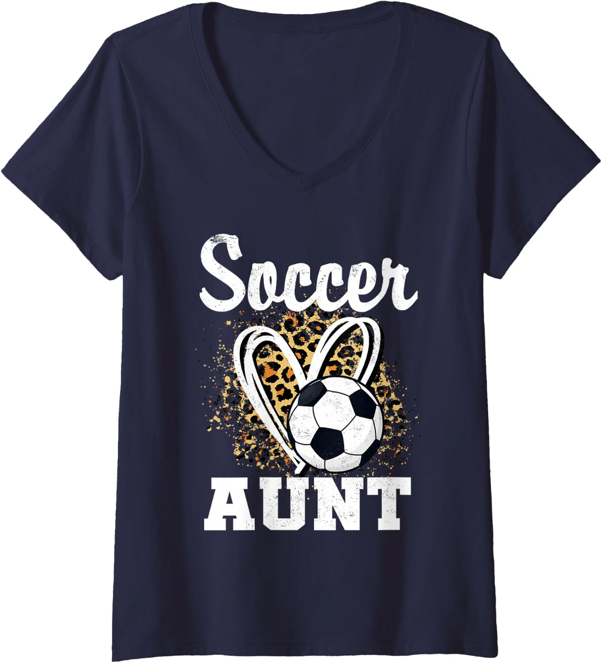 Womens Soccer Aunt Leopard Heart V-Neck T-Shirt - Navy Blue