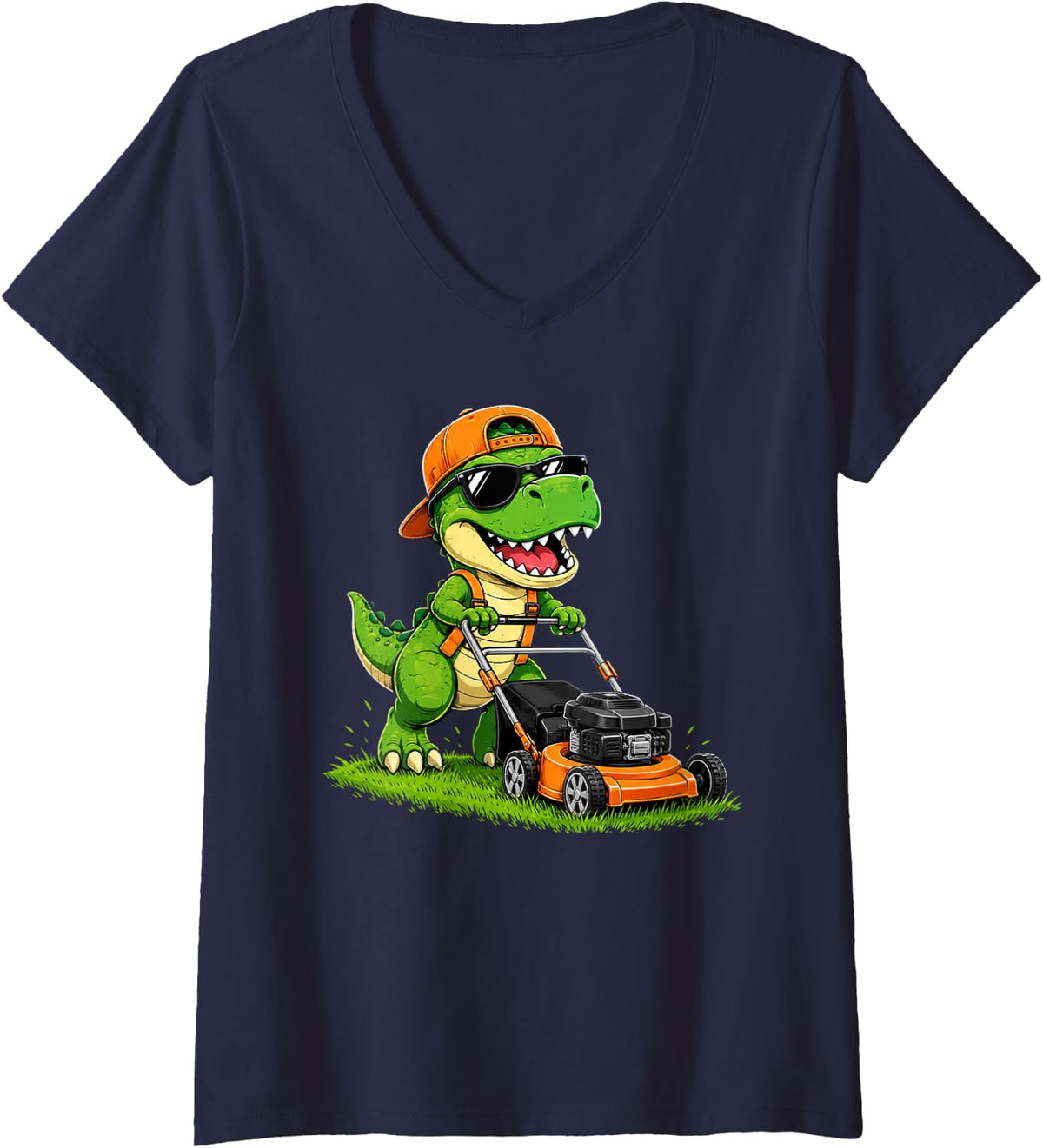 Women's Dinosaur Lawn Mowing Lawn Mower Gardening Lover V-Neck T-Shirt - Navy Blue