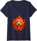 Women's Maple Leaf with Goldendoodle Autumn Leaves Fall Season Art V-Neck T-Shirt - Navy Blue