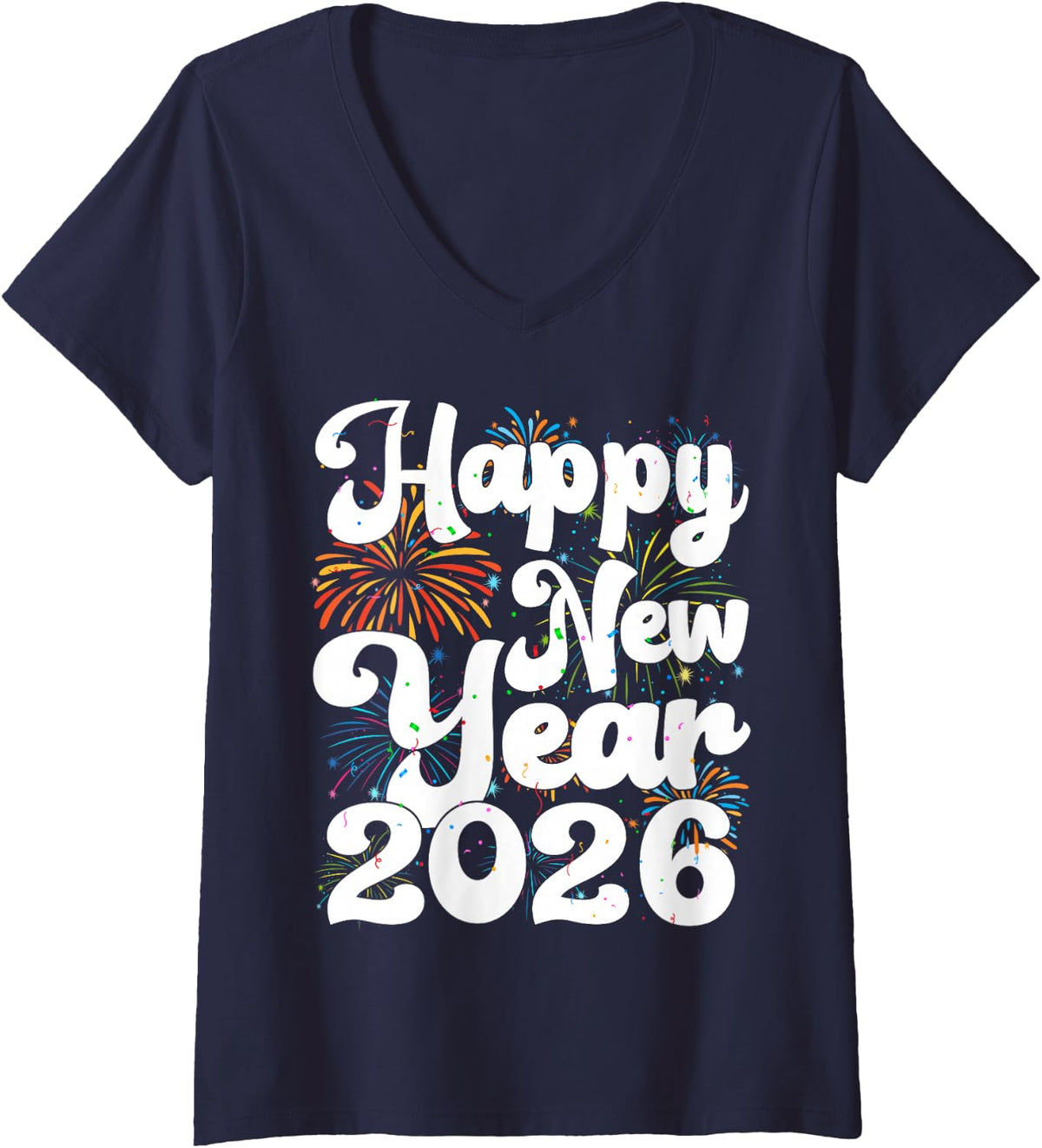 Women's Happy New Year 2026 NYE Fireworks Cool New Years Eve 2026 V-Neck T-Shirt - Navy Blue