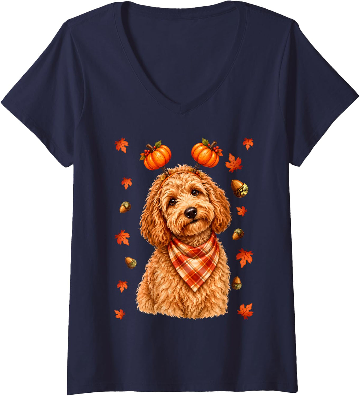 Women's Cute Goldendoodle Dog Lover Fall Pumpkin Happy Thanksgiving V-Neck T-Shirt - Navy Blue