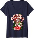 Women's Merry Christmas Happy Pitbull Cute Stocking Funny V-Neck T-Shirt - Navy Blue