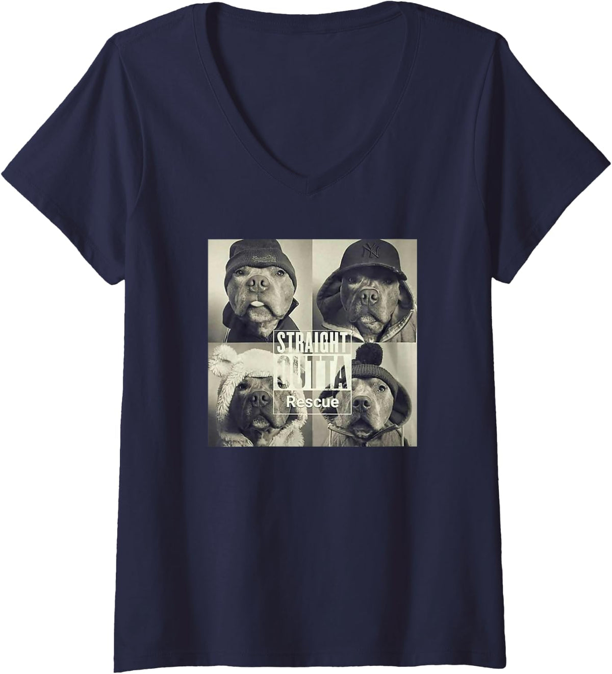 Womens Straight Outta Rescue Pitbull T-Shirt V-Neck T-Shirt - Navy Blue