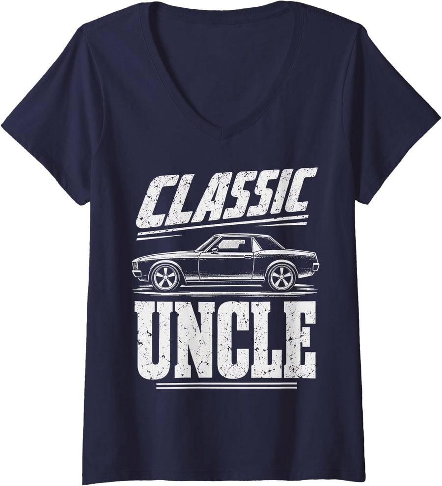 Women's Classic Uncle Vintage Muscle Car Funny Uncle Gifts Car Guy V-Neck T-Shirt - Navy Blue