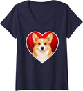 Women's Fawn Pembroke Welsh Corgi Heart V-Neck T-Shirt - Navy Blue