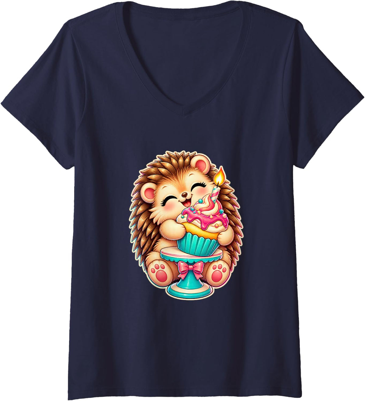 Women's Hedgehog with Birthday Cupcake V-Neck T-Shirt - Navy Blue