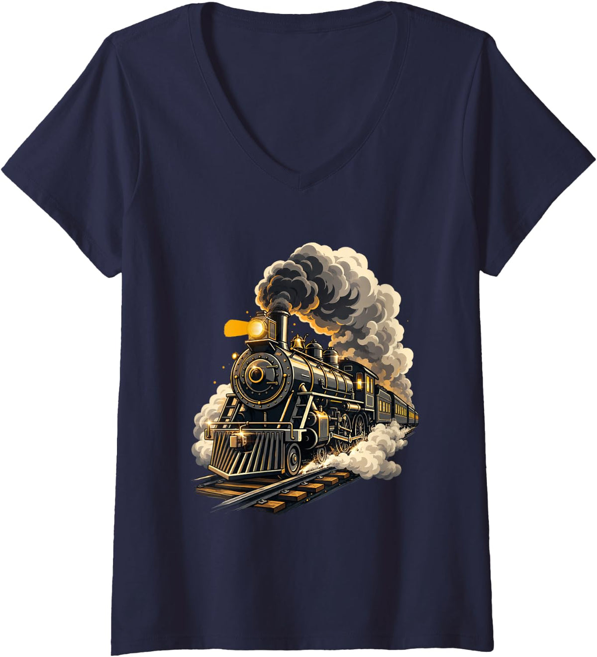Women's Steam Engine Train - Train Lover Railroad Steam Locomotive V-Neck T-Shirt - Navy Blue