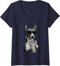 Women's Funny Basenji Drinking Iced Coffee Humor V-Neck T-Shirt - Navy Blue