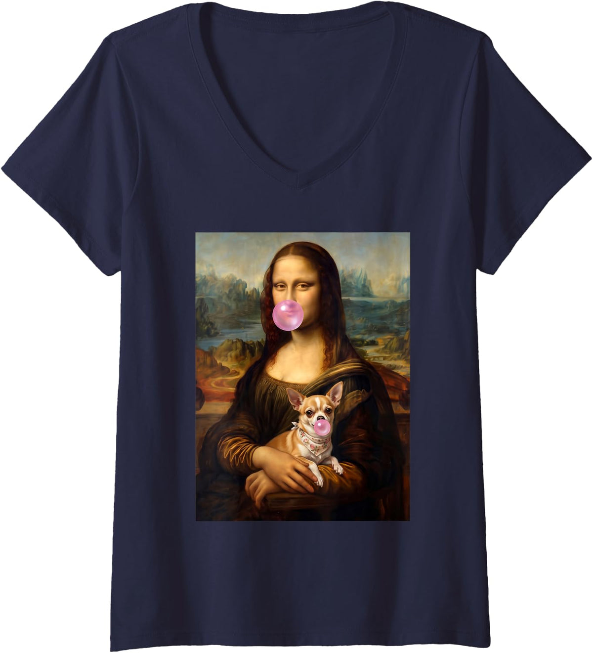 Women's Mona Lisa Chihuahua V-Neck T-Shirt - Navy Blue