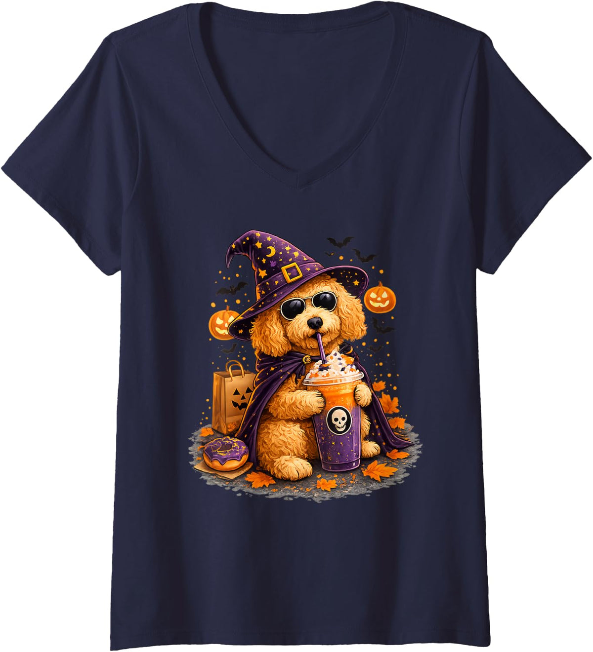 Women's Halloween Goldendoodle Drinking Coffee Spooky Doodle Dog V-Neck T-Shirt - Navy Blue