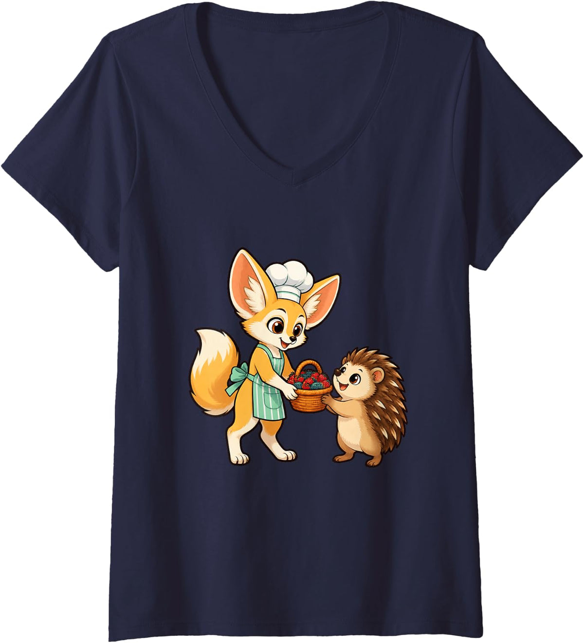 Women's Fennec Fox Delivers Berries to a Hedgehog V-Neck T-Shirt - Navy Blue
