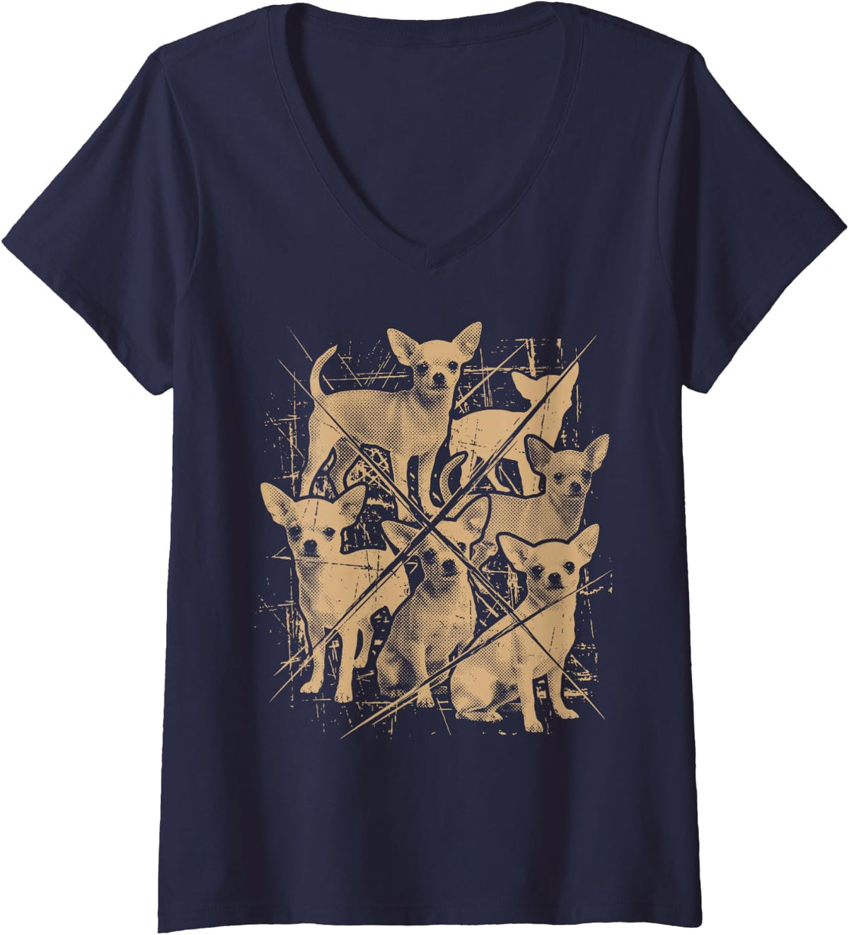 Women's Chihuahua Dogs y2k 2000s 90s Grunge Alt V-Neck T-Shirt - Navy Blue