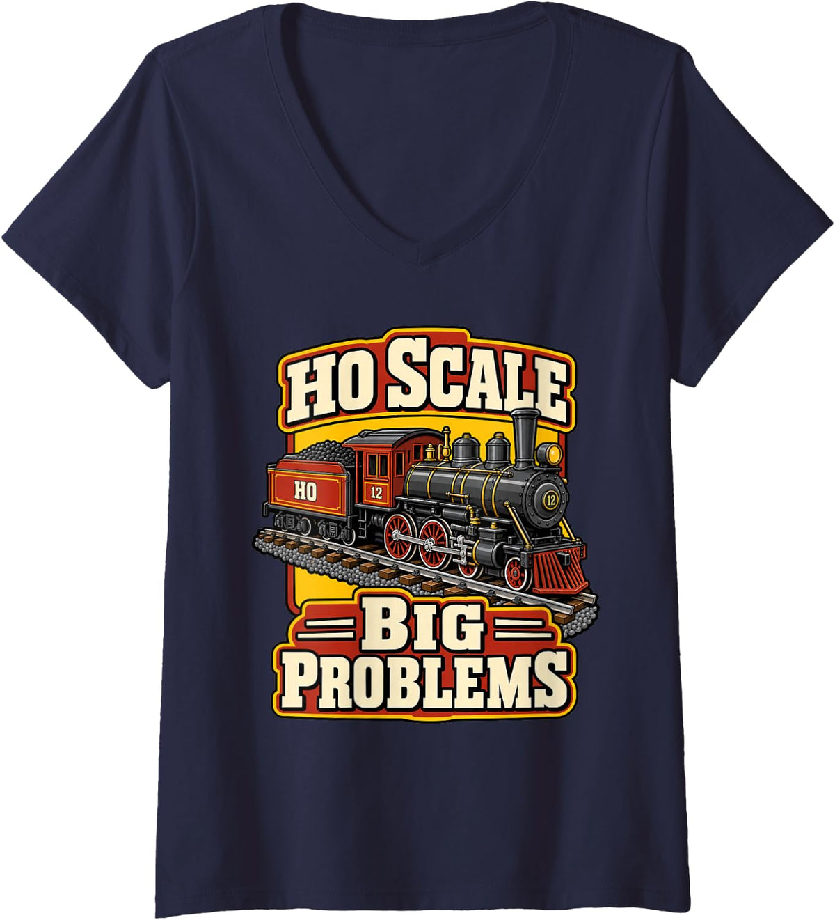 Women's Model Train HO Scale Big Problems Funny Railroad V-Neck T-Shirt - Navy Blue