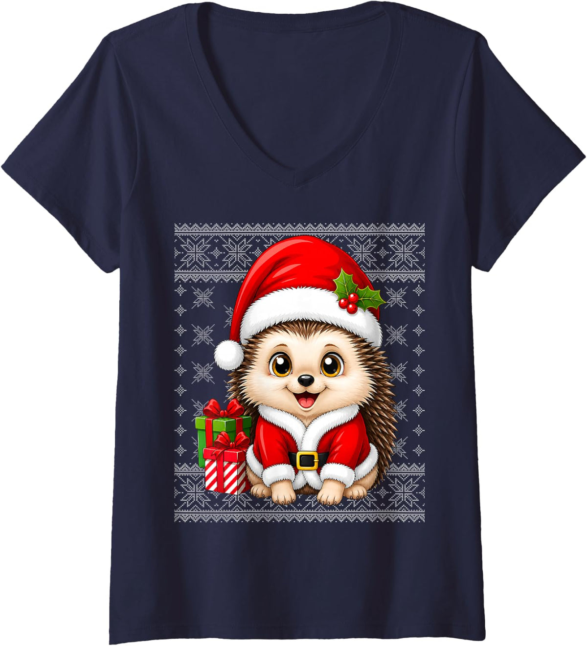 Women's Cute Hedgehog in Christmas Santa Costume Ugly Sweaters Xmas V-Neck T-Shirt - Navy Blue