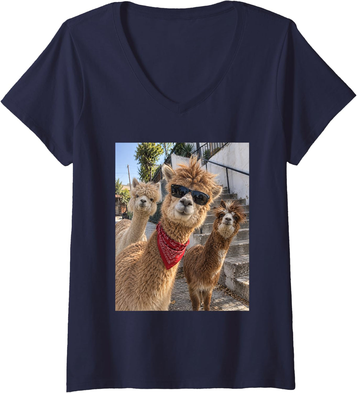Women's Funny Alpaca Street Crew Gangster Farm Animal Meme V-Neck T-Shirt - Navy Blue