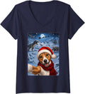 Women's Basenji Dog Christmas Moon Night Starry Dinosaurs Xmas V-Neck T-Shirt - Navy Blue