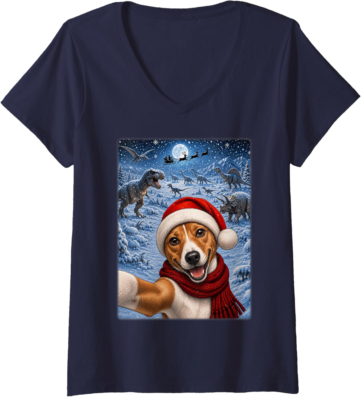 Women's Basenji Dog Christmas Moon Night Starry Dinosaurs Xmas V-Neck T-Shirt - Navy Blue