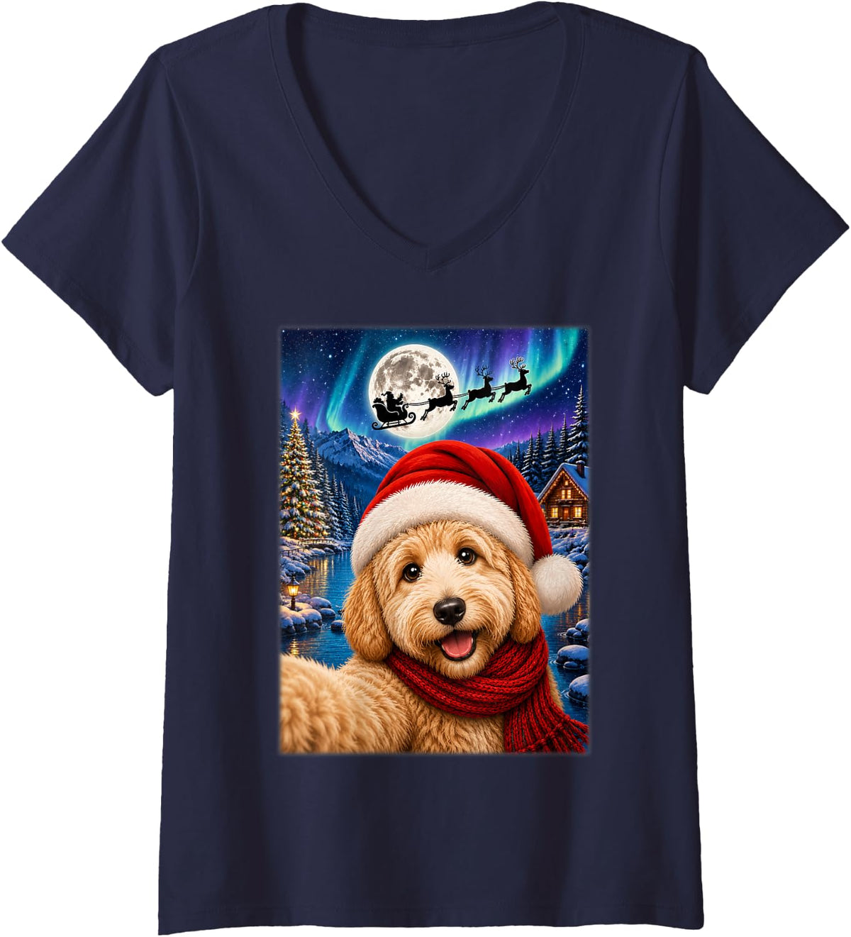 Women's Goldendoodle Christmas Moon Night Santa Sleigh Dog Xmas V-Neck T-Shirt - Navy Blue