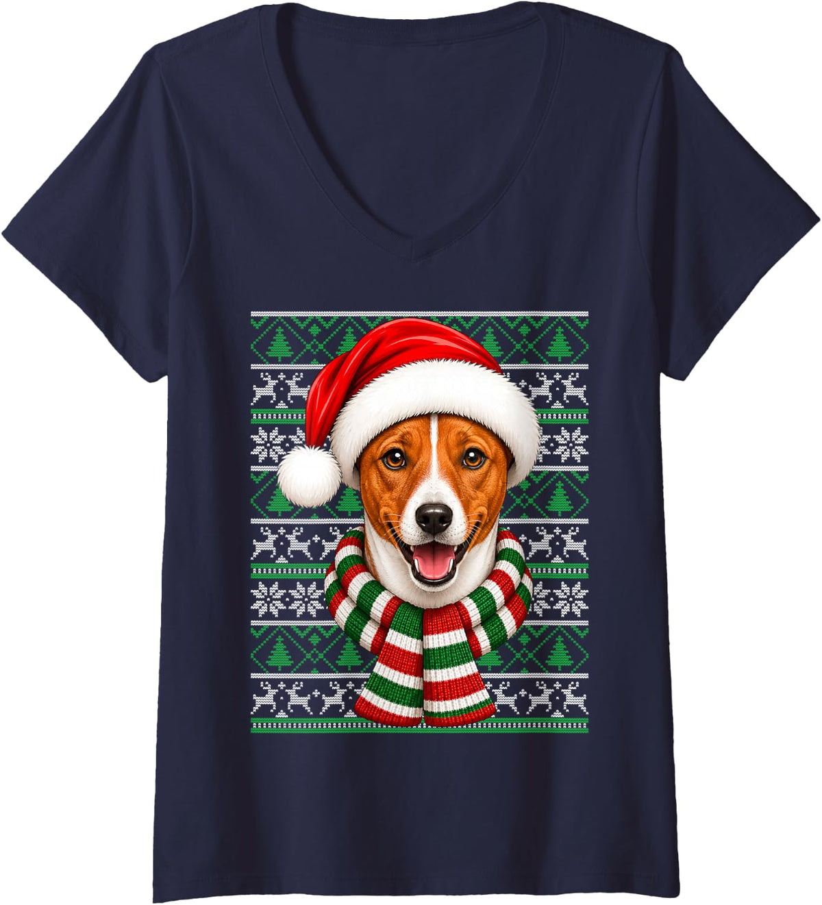Women's Basenji Dog Christmas Santa Hat Ugly Sweaters Xmas V-Neck T-Shirt - Navy Blue