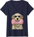 Women's Glam Goldendoodle with Sunglasses Glamorous Dog Boujee V-Neck T-Shirt - Navy Blue