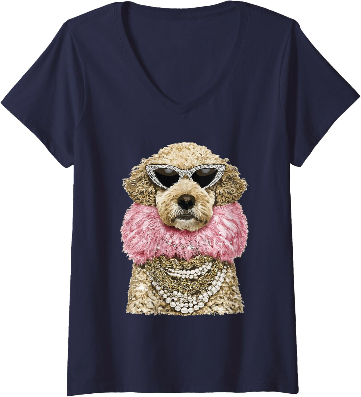 Women's Glam Goldendoodle with Sunglasses Glamorous Dog Boujee V-Neck T-Shirt - Navy Blue