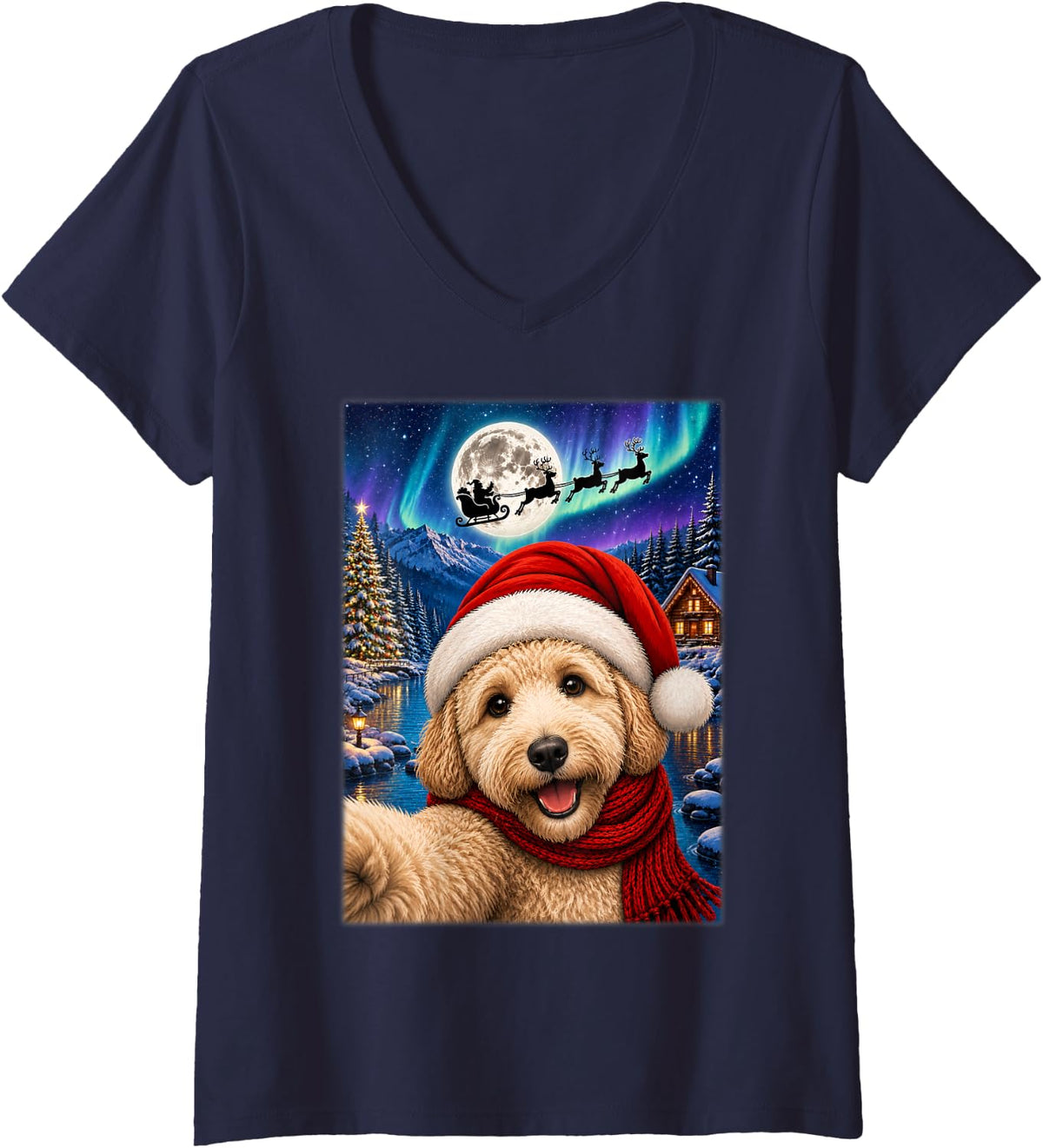 Women's Goldendoodle Dog Christmas Moon Night Santa Sleigh Xmas V-Neck T-Shirt - Navy Blue