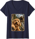Women's Goldendoodle Bigfoot Selfie V-Neck T-Shirt - Navy Blue