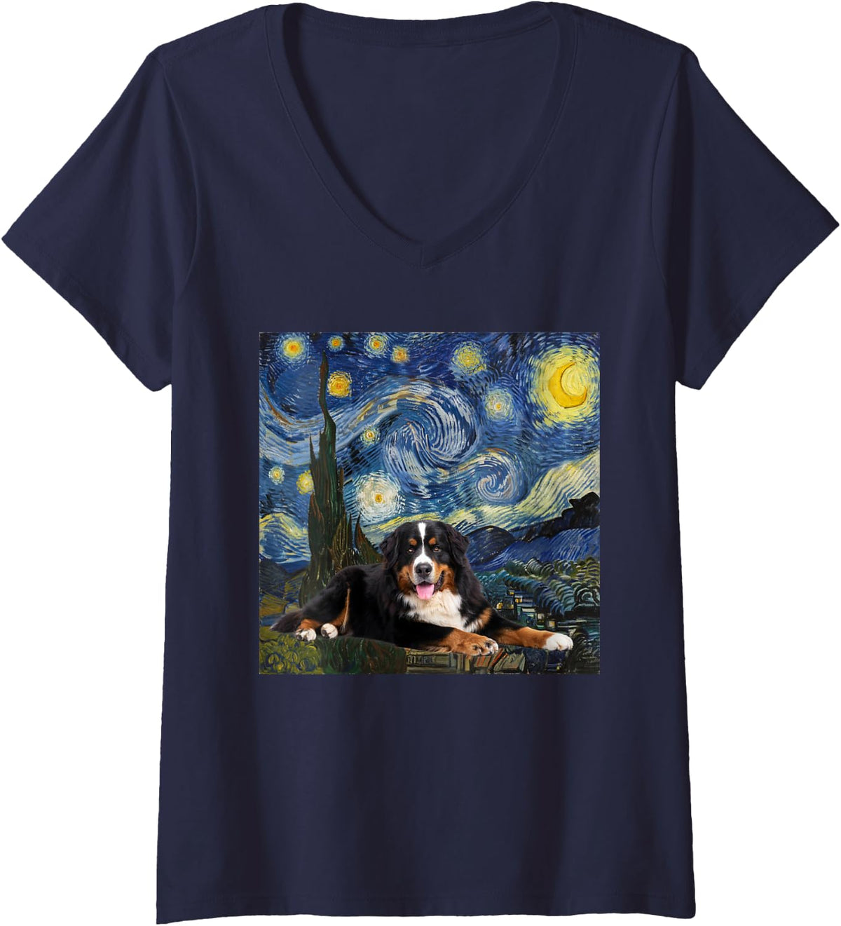 Women's Bernese Mountain Dog Starry Night V-Neck T-Shirt - Navy Blue