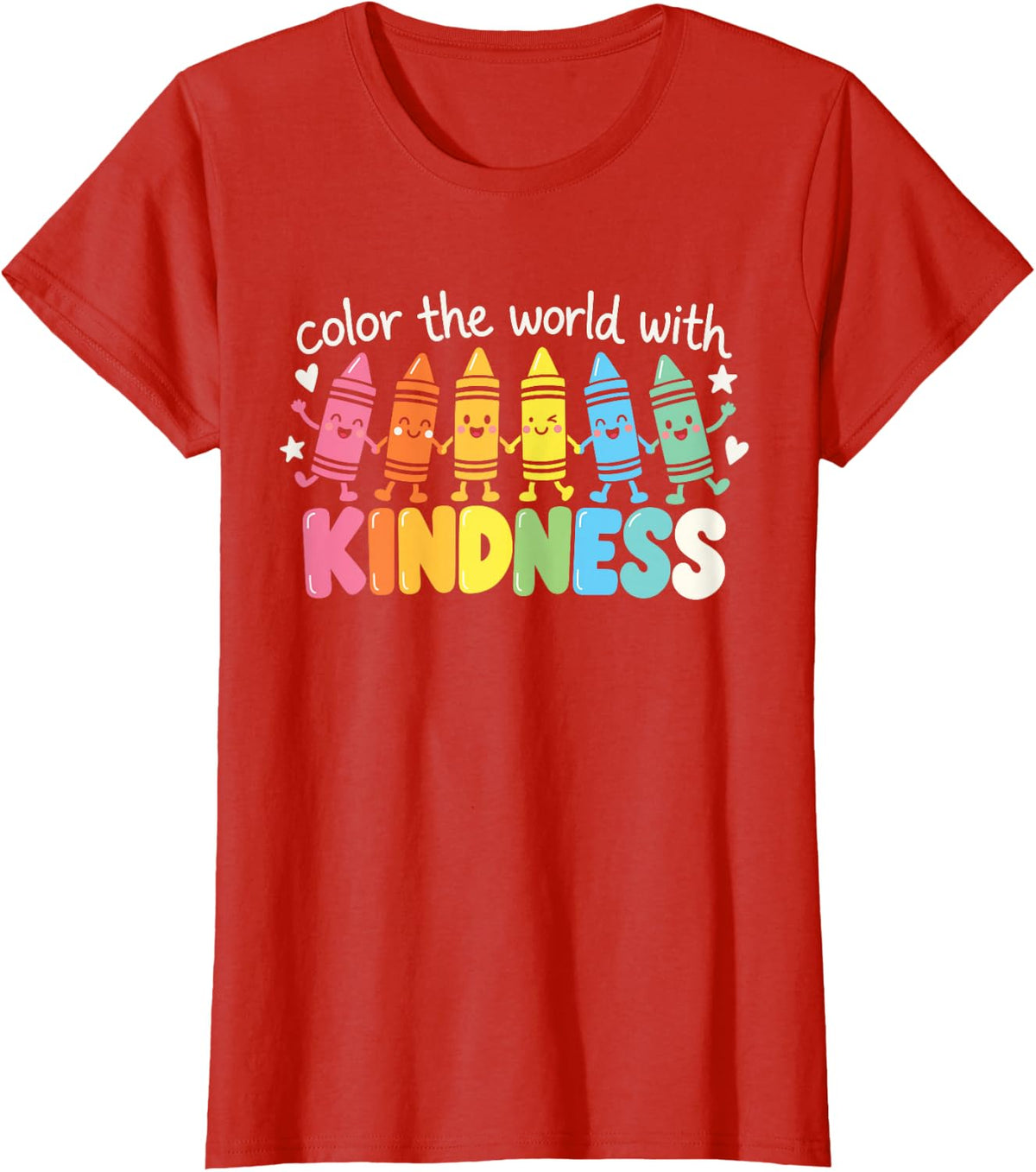 Color the World with Kindness Rainbow Crayon Teacher T-Shirt - Red