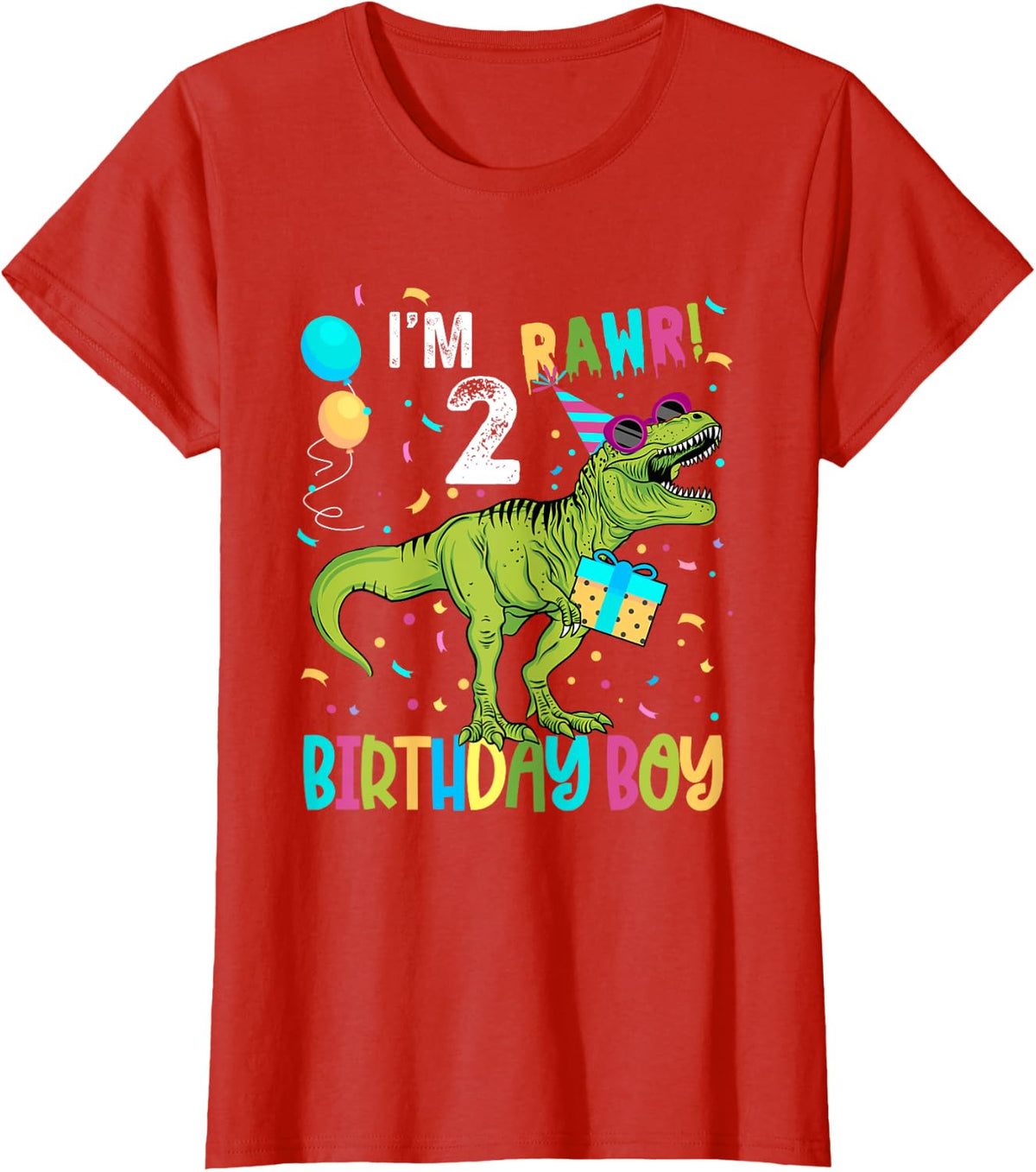 Birthday Boy 2 Years Old 2nd Cute Rex Family Dinosaur Squad T-Shirt - Red