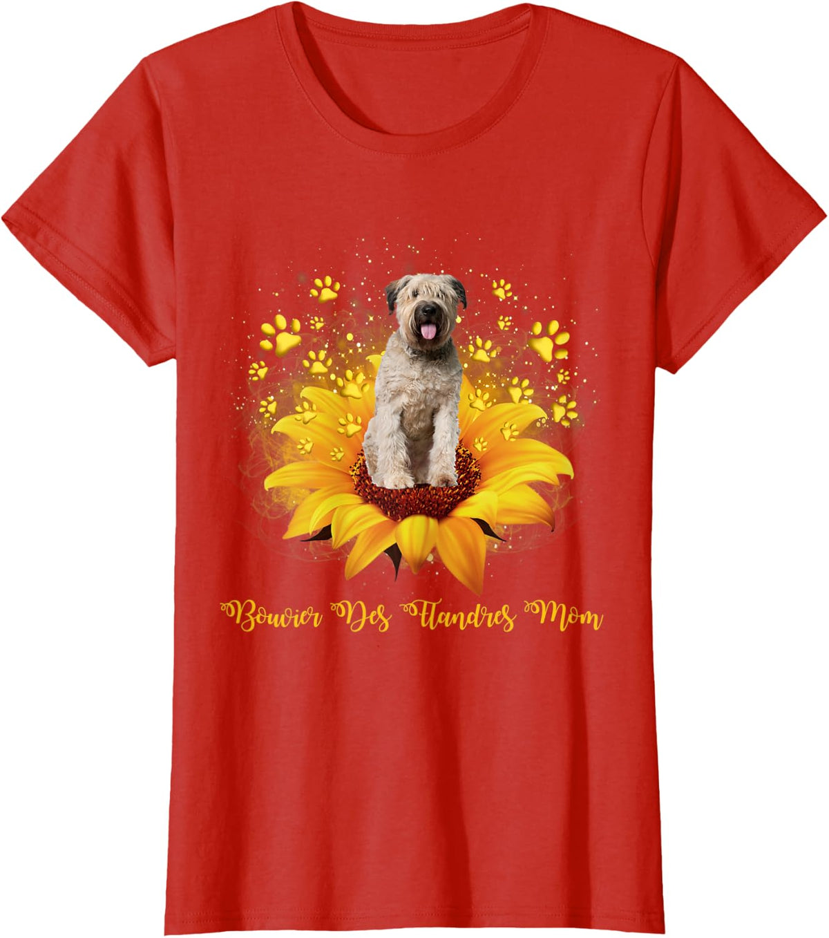 Bouvier Des Flandres Mom Sunflower With Dog Paw Mother's Day Men Women Kids T-Shirt - Red