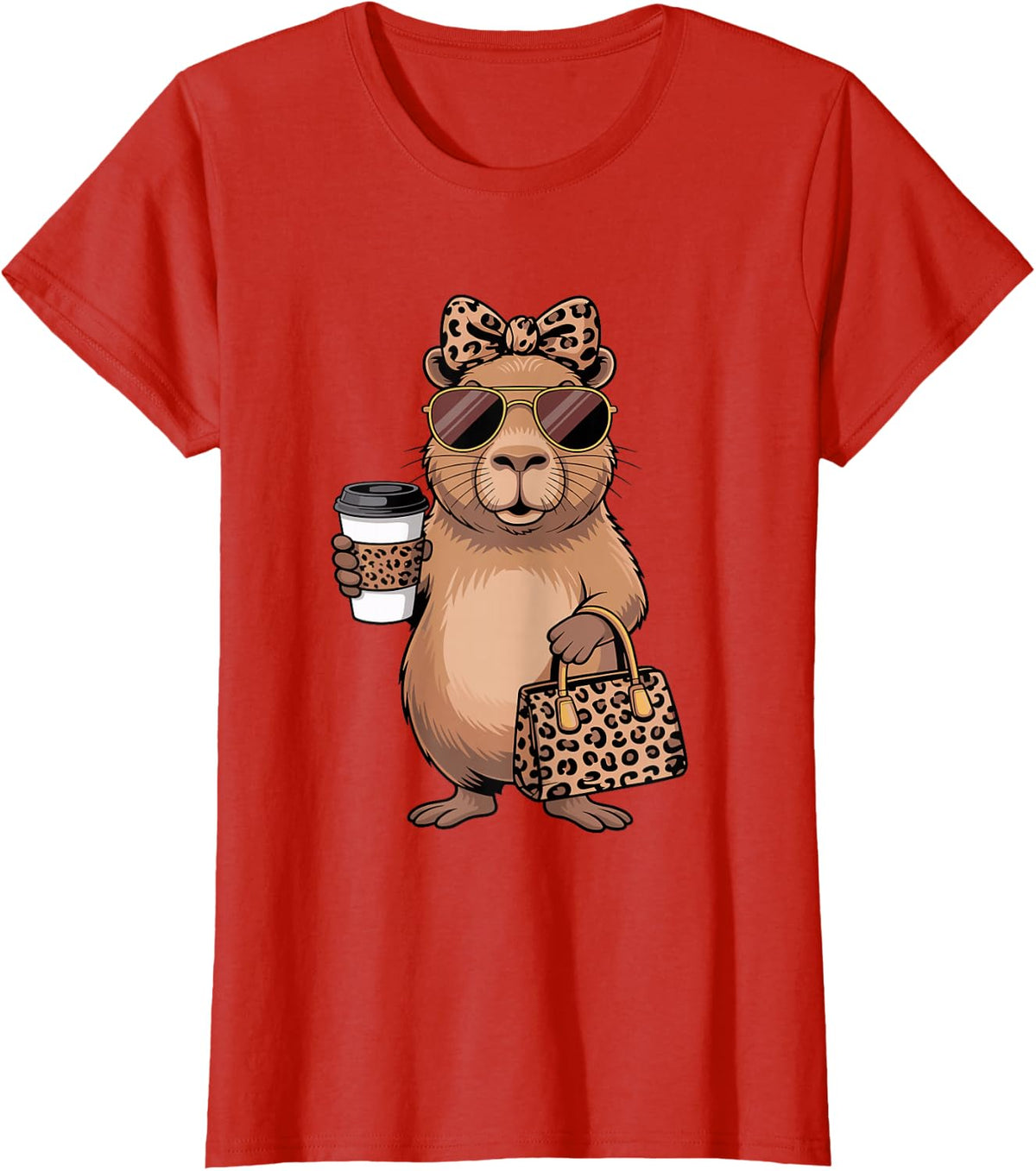 Capybara Coffee Leopard T-Shirt for Women Girls Capybara Lover Tees - Red