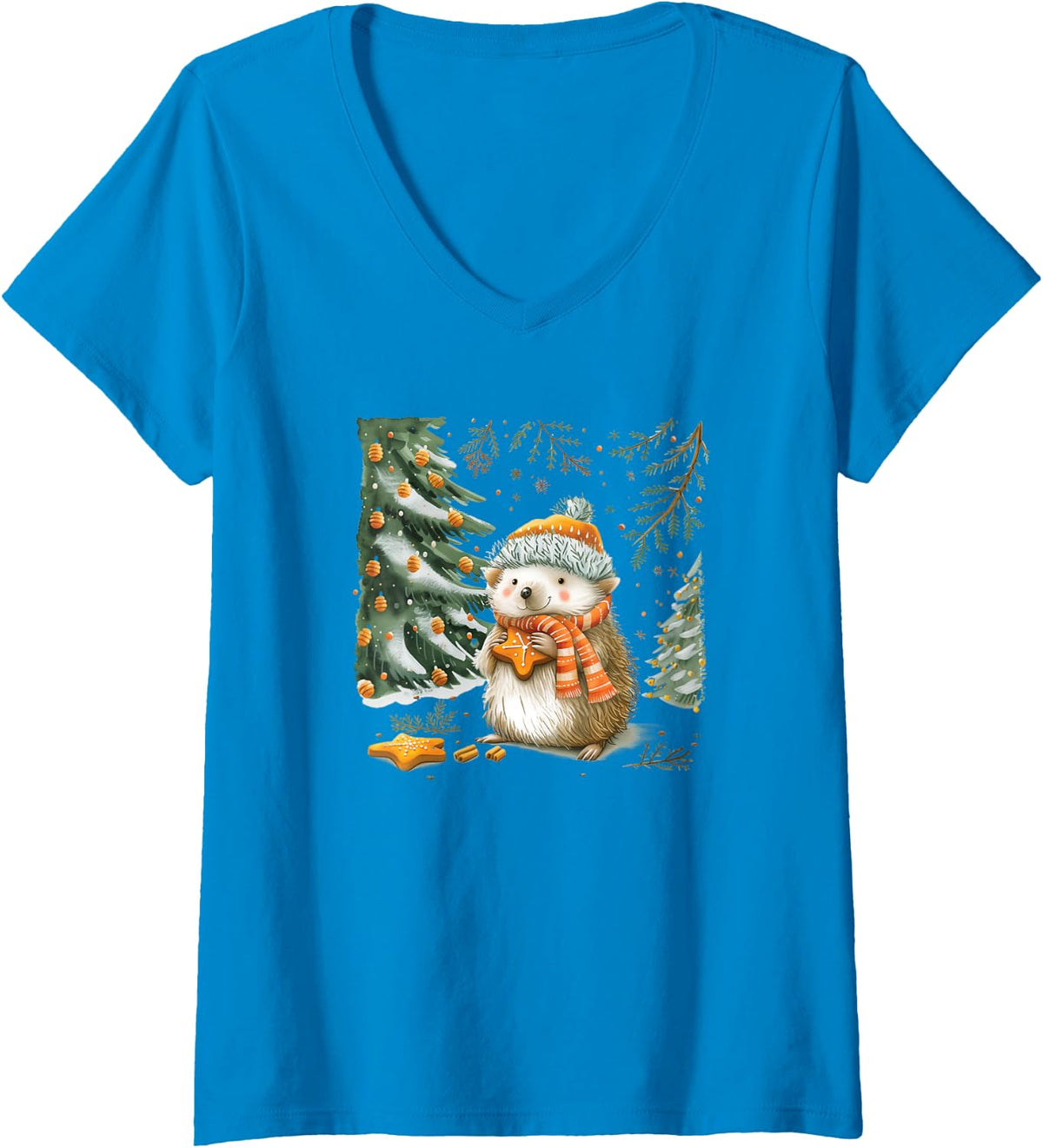 Women's A Hedgehog in A Beanie and Scarf, Admiring The Snow V-Neck T-Shirt - Sapphire Blue