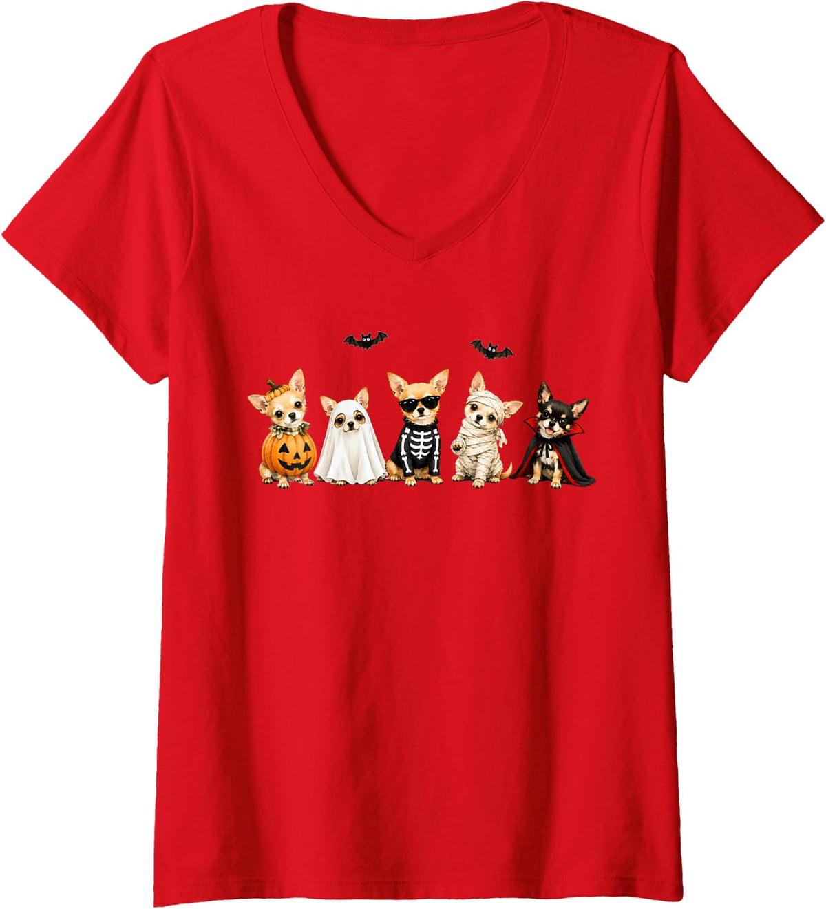 Women's Halloween Chihuahuas Squad Pumpkin Costume Dog Lovers V-Neck T-Shirt - Red