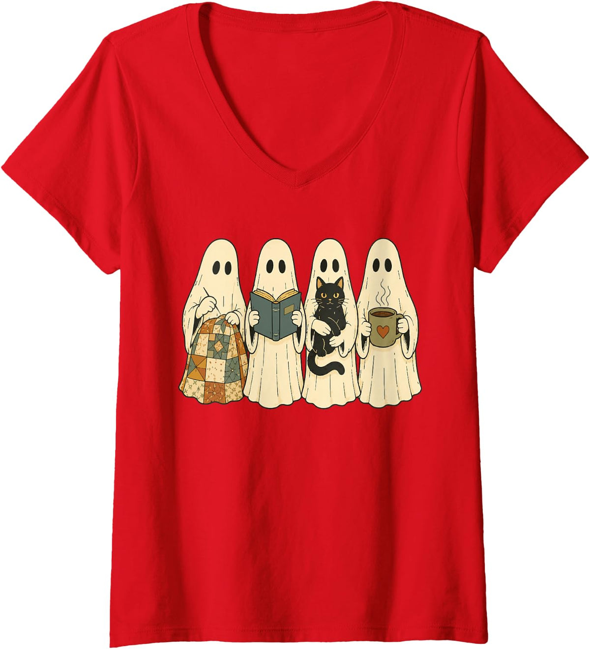 Women's Halloween Ghost Quilting Book Lover Cat Quilter Coffee Sewer V-Neck T-Shirt - Red