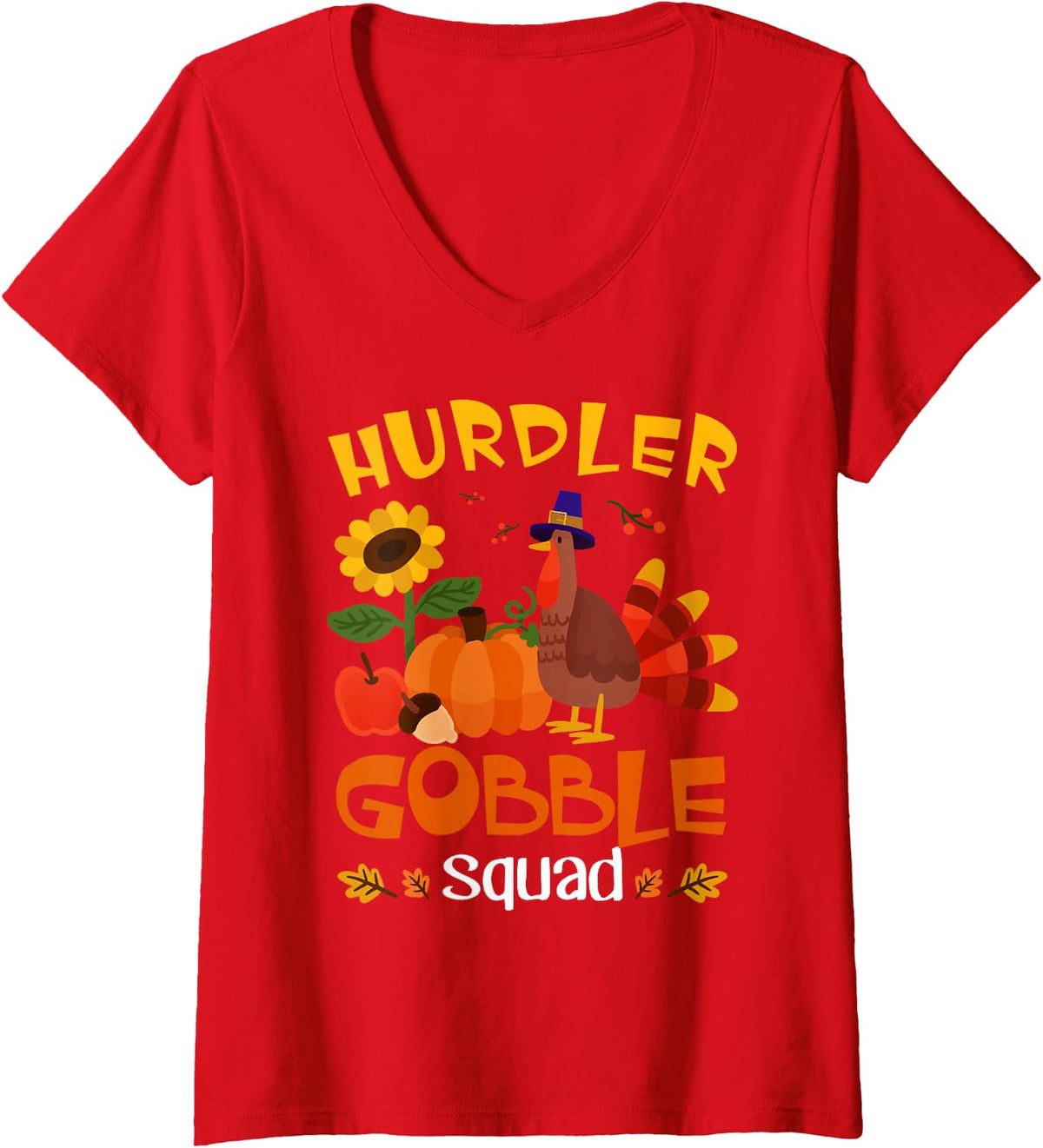 Women's Hurdler Gobble Squad Turkey Thanksgiving V-Neck T-Shirt - Red