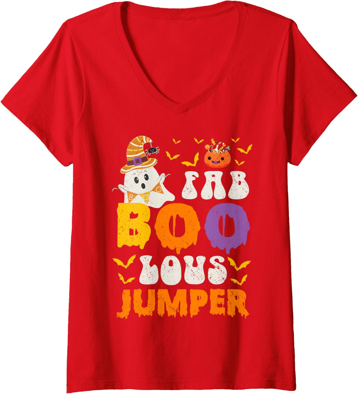 Women's Faboolous Jumper Ghost Halloween Fun V-Neck T-Shirt - Red