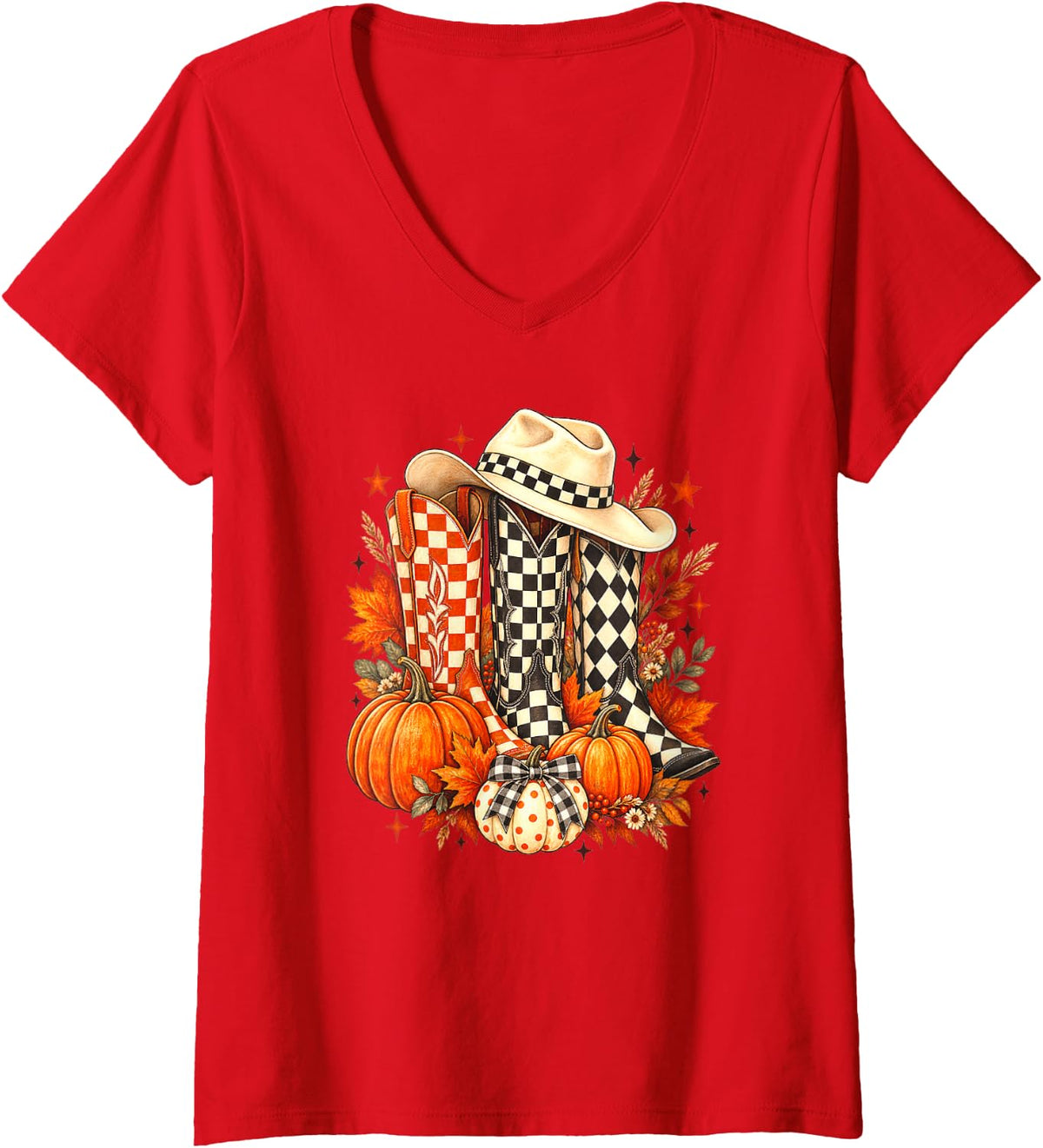 Women's Western Fall Cowboy Boots Pumpkins Cowgirl Autumn Design V-Neck T-Shirt - Red