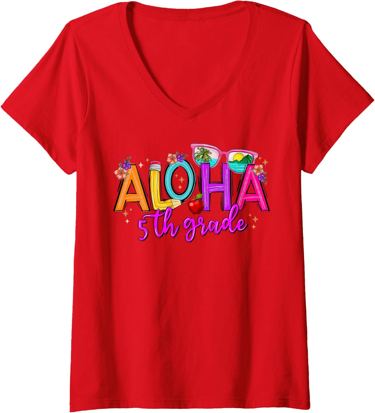 Women's Aloha 5th Grade Teacher Beach Summer Vacation School Hawaii V-Neck T-Shirt - Red