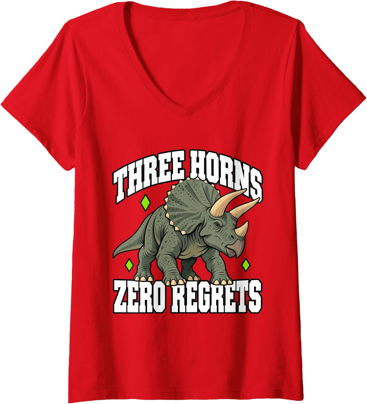 Women's Triceratops Three Horns Zero Regrets Dinosaur Funny Fan V-Neck T-Shirt - Red