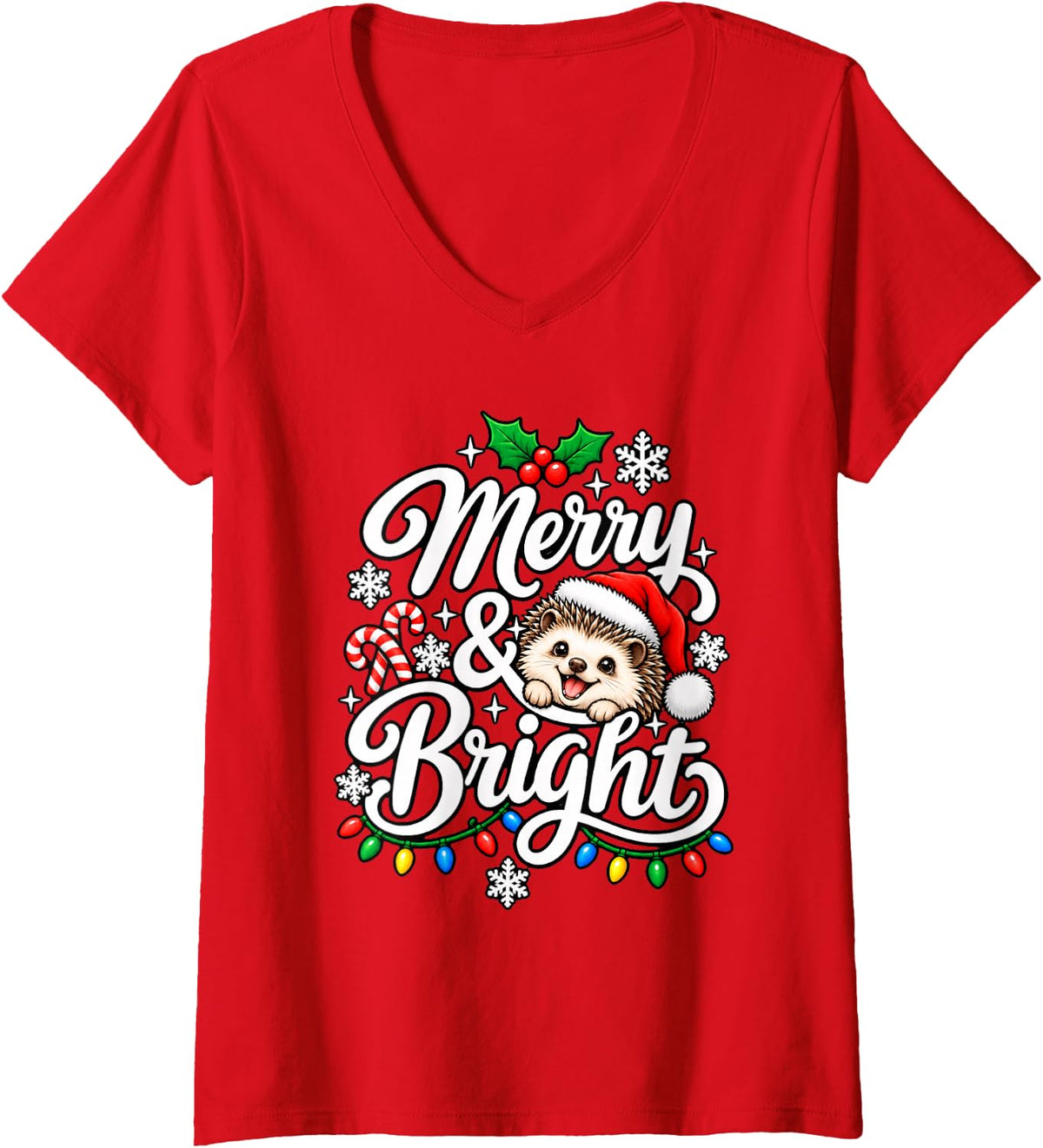 Women's Hedgehog Merry Bright Christmas Zoo Xmas Santa Hat V-Neck T-Shirt - Red
