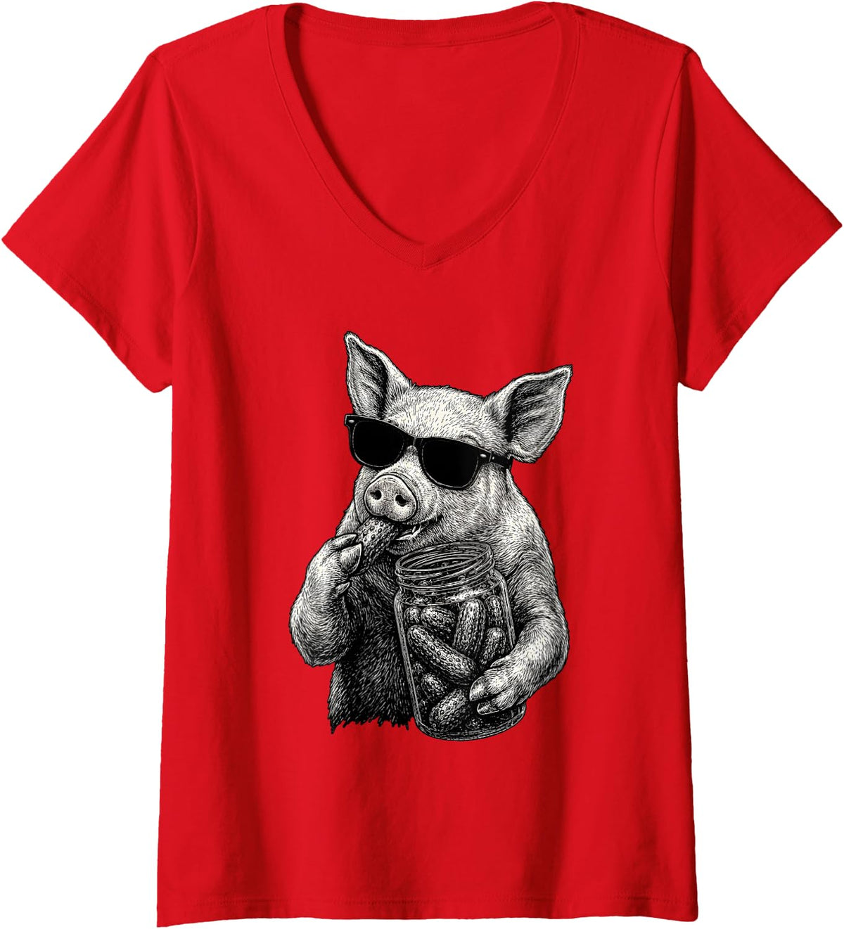 Women's Pig Eating Pickles Funny Animal Men Women V-Neck T-Shirt - Red