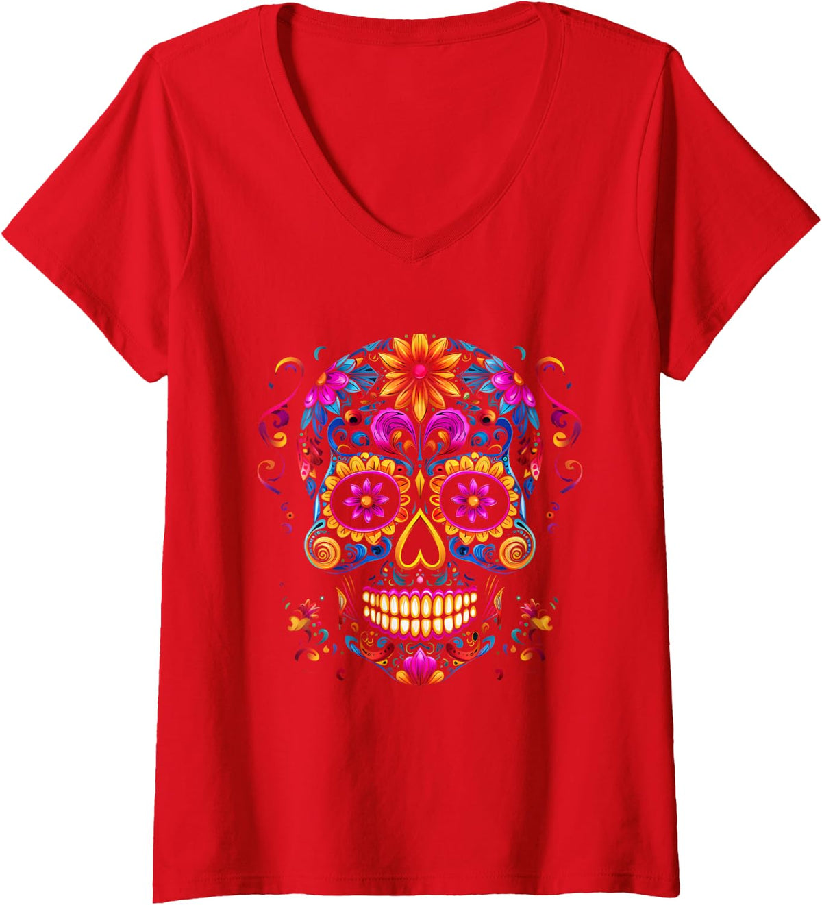 Womens Cinco De Mayo Sugar Skull Dia De Los Muertos Day Of Dead V-Neck T-Shirt - Red