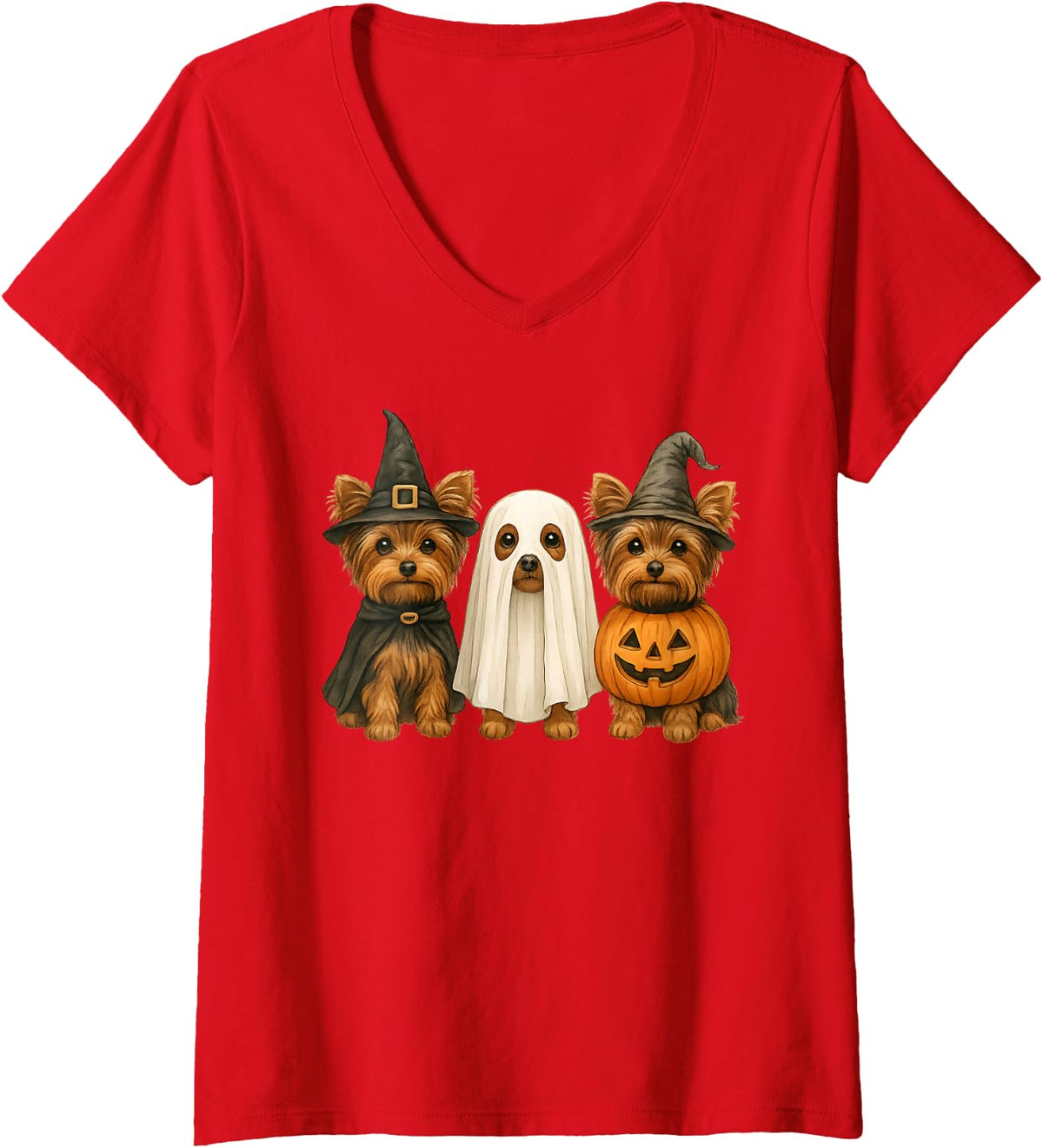 Womens Yorkshire Terrier Halloween Yorkie Dog Witch Ghost Pumpkin V-Neck T-Shirt - Red