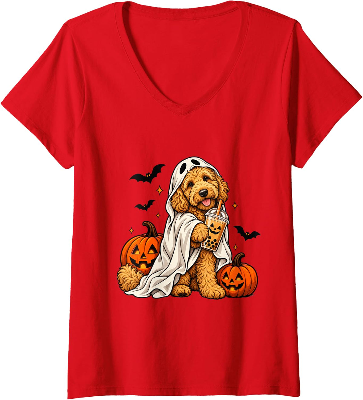 Women's Goldendoodle Ghost and Boba Cute Halloween Dog Humor V-Neck T-Shirt - Red
