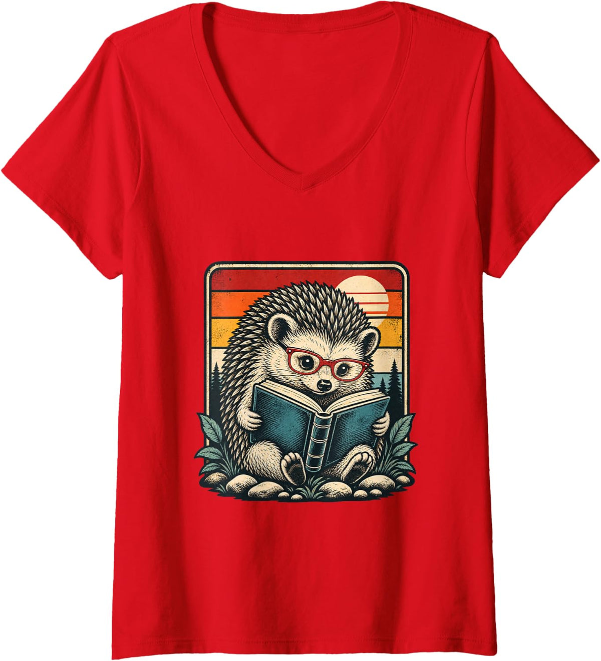 Women's Retro Hedgehog Reading Book Lover Librarian Bookworm Gift V-Neck T-Shirt - Red