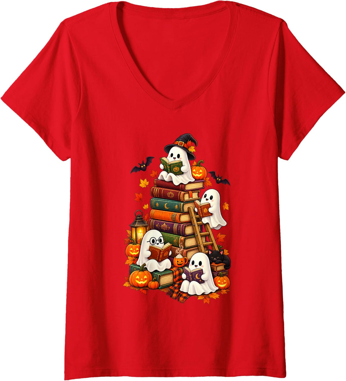 Women's Ghost Reading Book Lovers Black Cat Halloween Autumn Fall V-Neck T-Shirt - Red