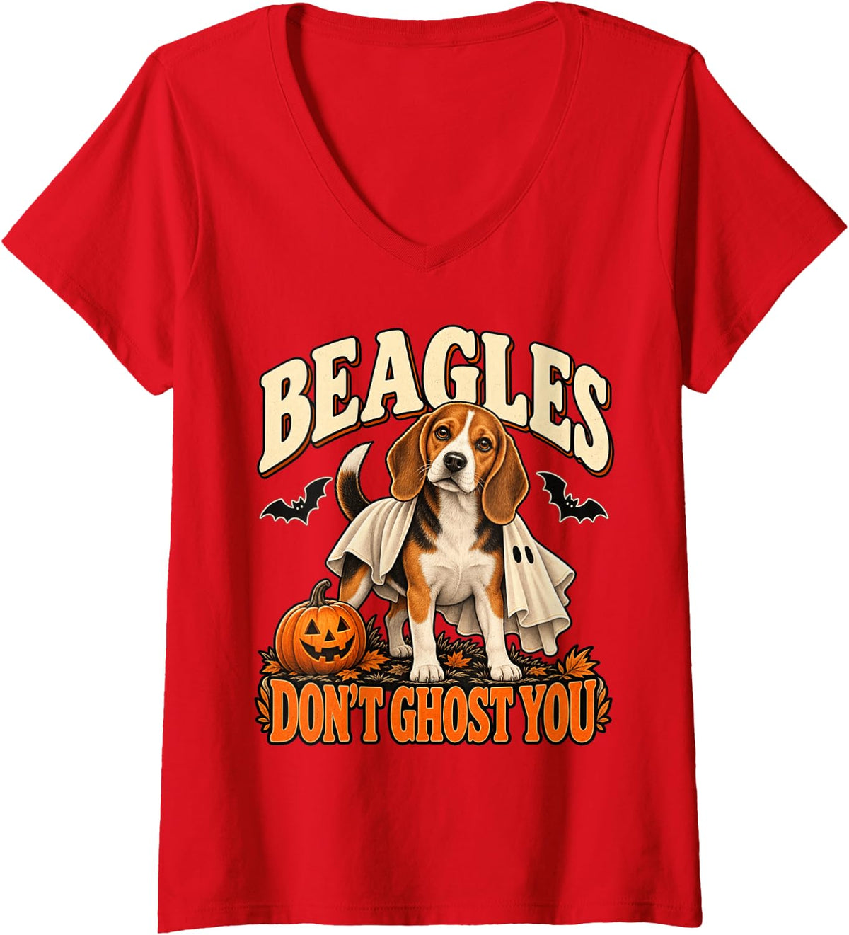 Women's Beagle Ghost Halloween Funny Dog Lover V-Neck T-Shirt - Red